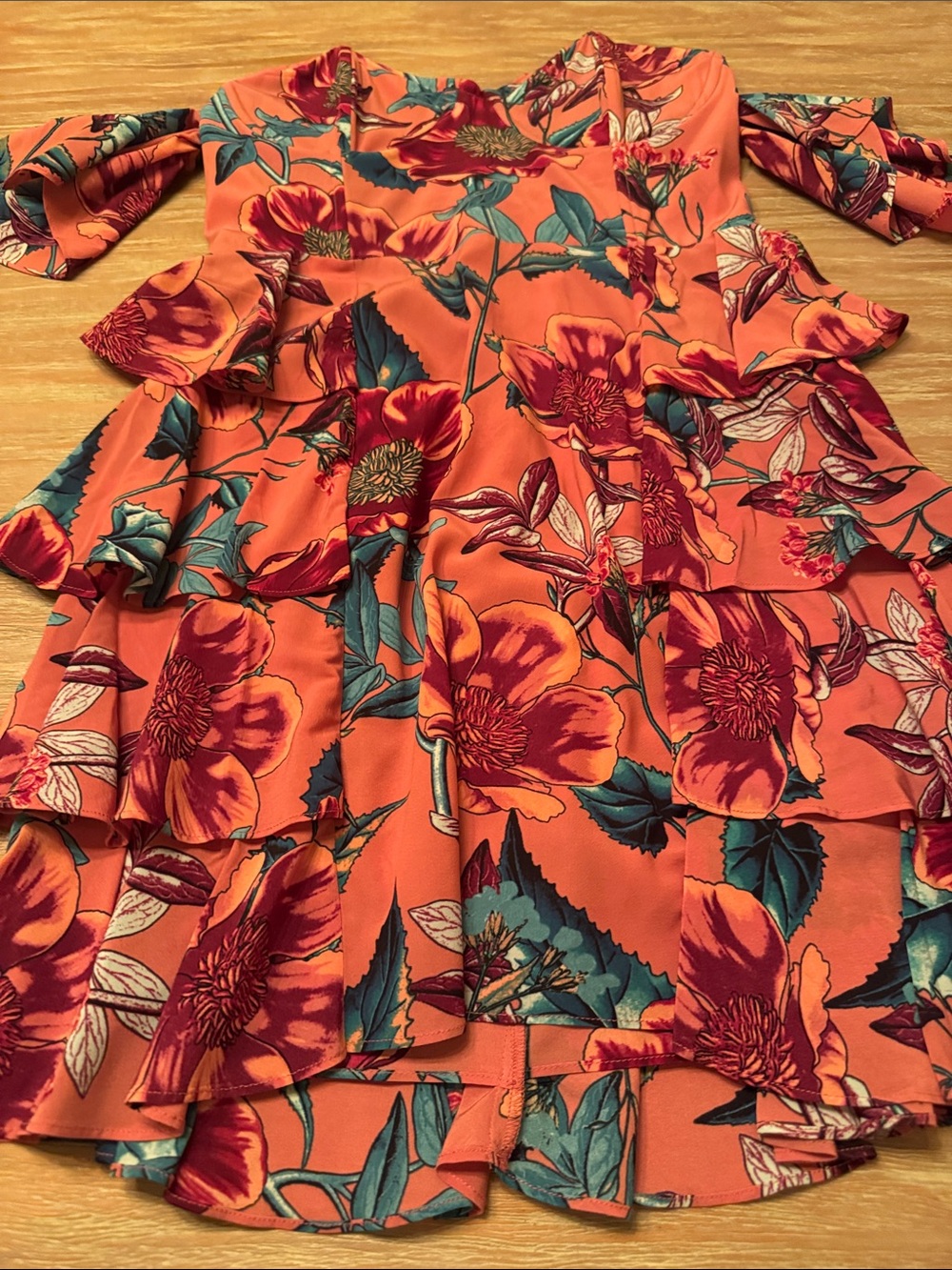 For Love And Lemons Orange Floral Tiered Dress with Teal Leaves - Picture 3 of 6